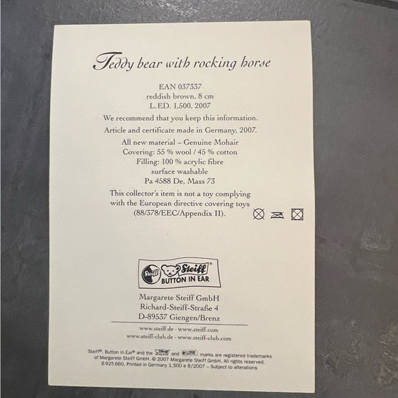 BNIB Steiff Teddy Bear on Rocking Horse 2007 Limited Edition papers & box 037337 - Picture 15 of 15